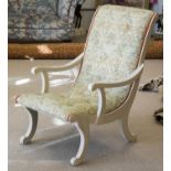 SLIPPER CHAIR, 90cm H x 57cm, Regency style painted with patterned green upholstery.