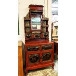 CHINESE DRESSING CHEST, 67cm W x 44cm D x 182cm, red lacquer with mirror above five drawers and