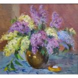 SLAVA LIVSHITS (1915-1995, Ukrainian) 'Still life with Lilac' 1960, oil on canvas, 50cm x 56cm.