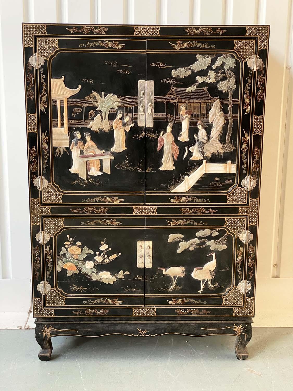 CHINESE SIDE CABINET, 152cm H x 102cm W x 52cm D, Chinese lacquered gilt Chinoiserie and stone