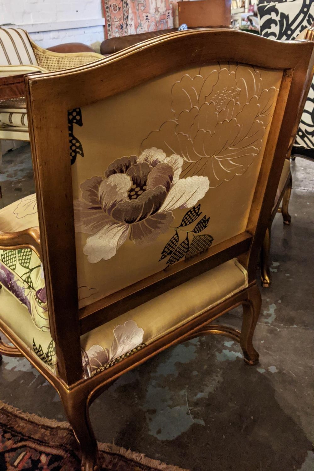 FAUTEUILS, a pair each 97cm W x 97cm H, reproduction in Louis XV style with gilt frames and silk - Image 5 of 5