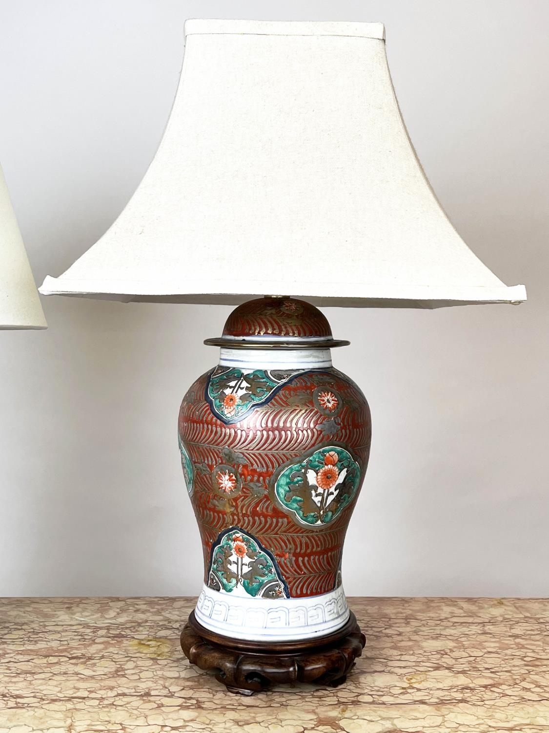 TABLE LAMPS, two, Chinese ceramic, one of temple jar form the other imari pattern, with carved - Image 10 of 11