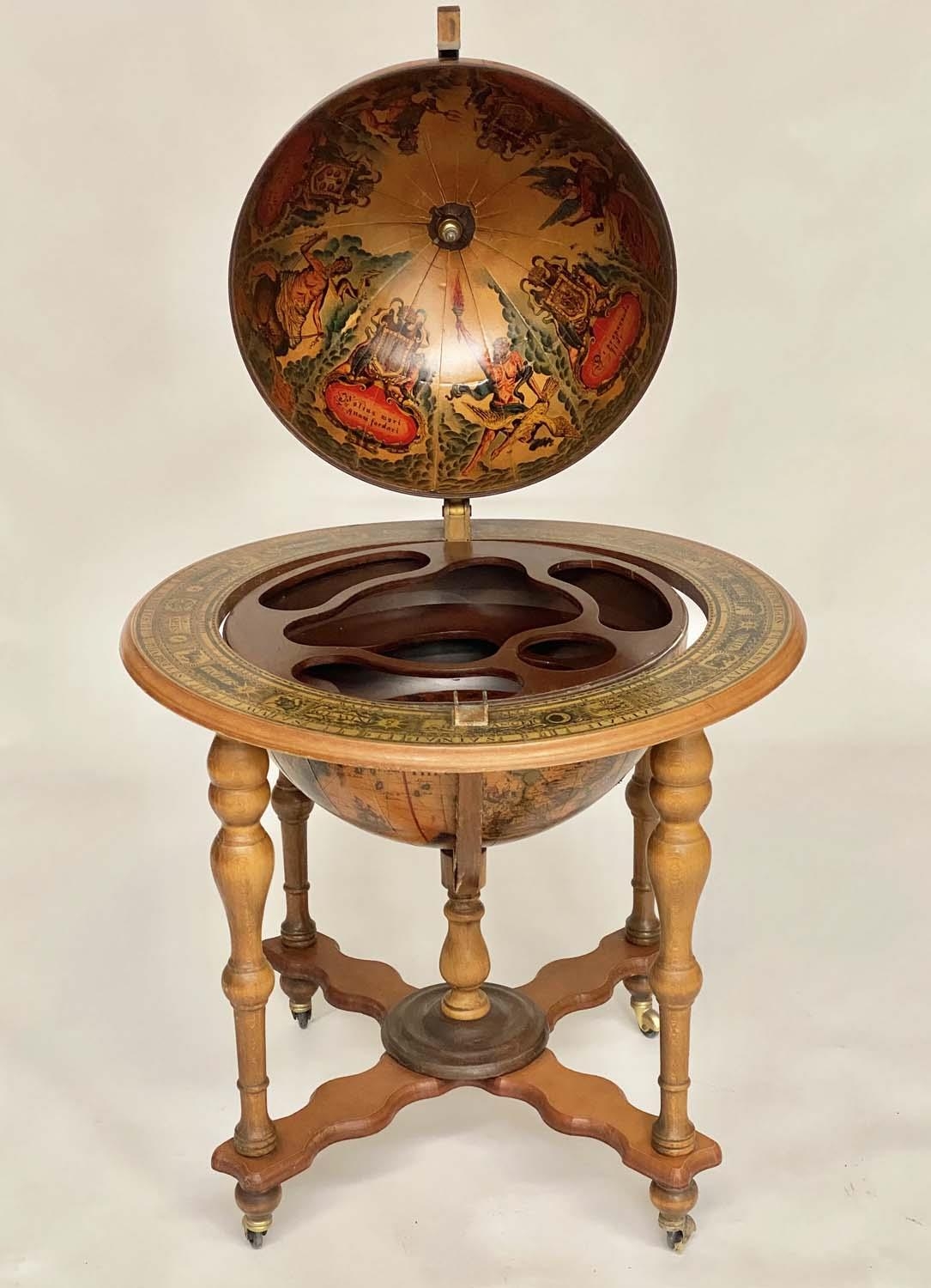 GLOBE COCKTAIL CABINET, in the form of an antique terrestrial globe on stand with rising 'lid' and - Image 4 of 5