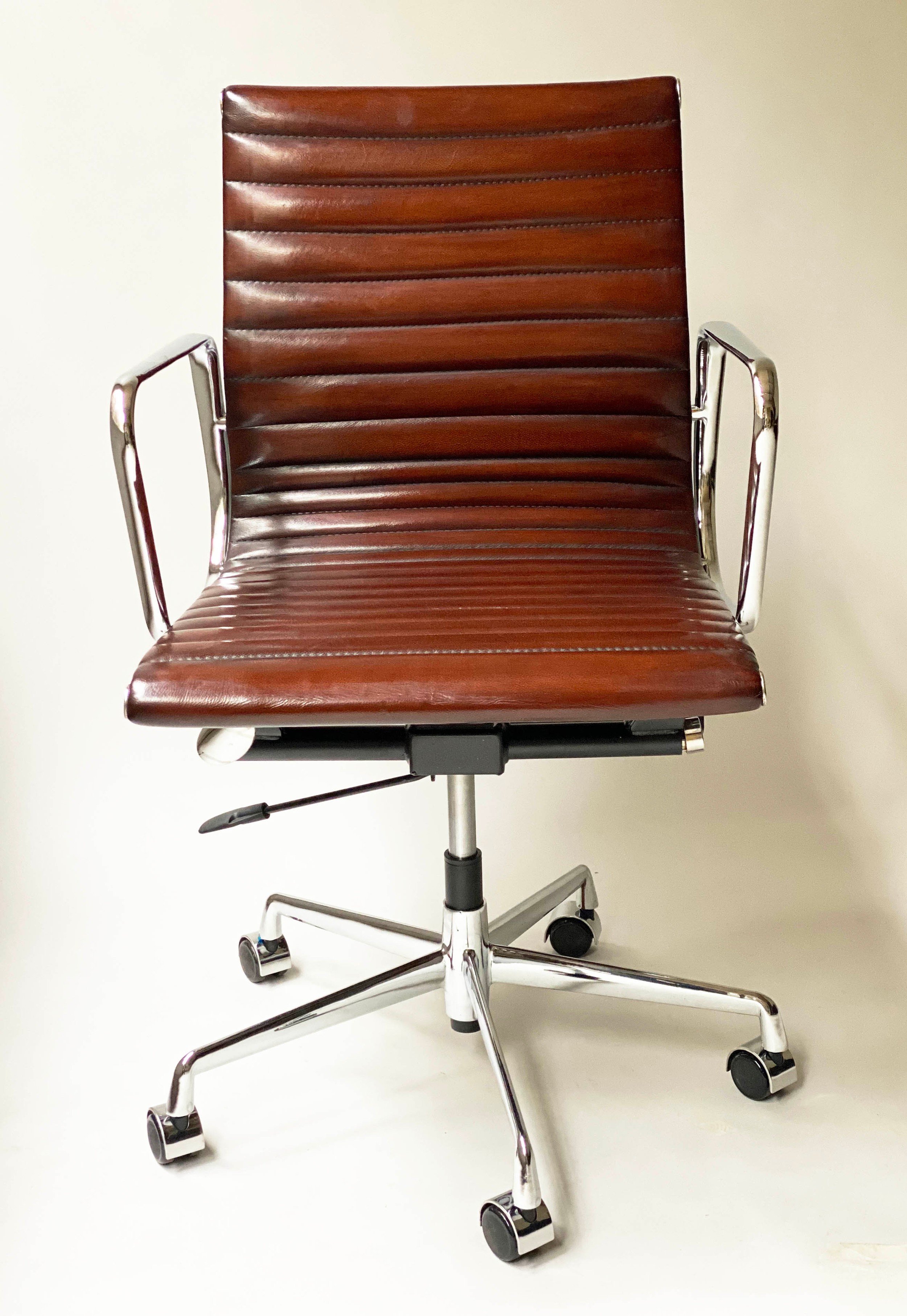 REVOLVING DESK CHAIR, Charles and Ray Eames inspired with ribbed mid brown tan leather seat - Image 4 of 6