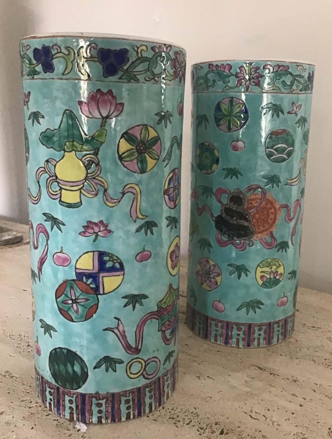 BRUSH POTS, a pair, Chinese blue ground ceramic, cylindrical with chinoiserie decoration, 30cm H. ( - Image 6 of 6