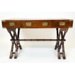 CAMPAIGN STYLE DESK, mahogany and brass bound with three drawers and trestle base, 78cm H x 122cm