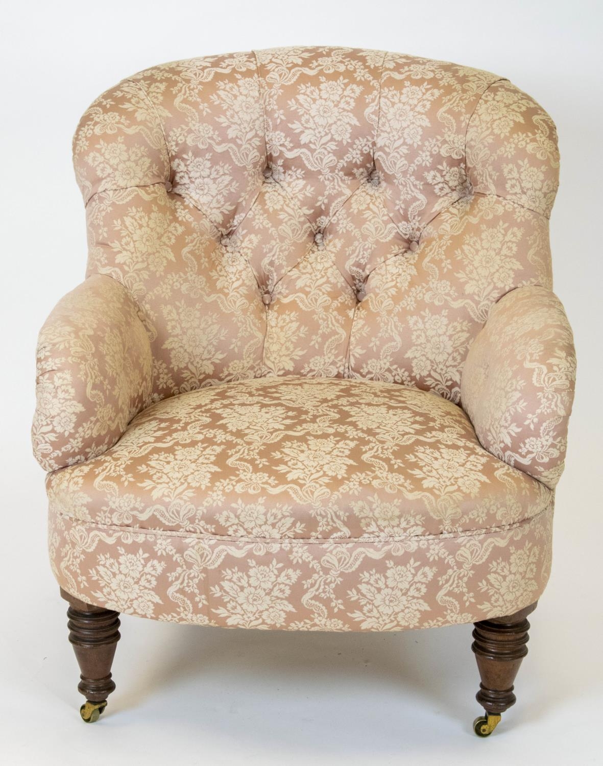 ARMCHAIR, 86cm H x 73cm W, Victorian walnut in floral pink upholstery on later brass castors. - Image 2 of 4