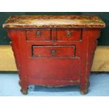 CHEST, 85cm H x 104cm W x 45cm D, 19th century Chinese red lacquered firwood with three drawers.