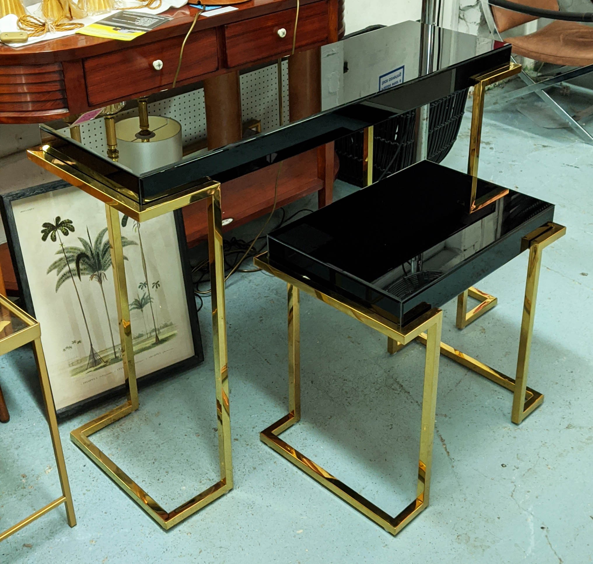 CONSOLE AND SIDE TABLE, Art Dec style, gilt metal and smoked glass, 116cm x 39cm x 80cm. (2) - Image 2 of 5