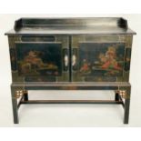 CHINOISERIE CABINET, 85cm H x 100cm W x 50cm D, Edwardian lacquered and gilt chinoiserie decorated