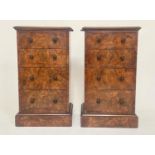 BEDSIDE CHESTS, a pair 19th century burr walnut each adapted with candle slide and four drawers,