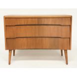 AVALON YATTON CHEST, 1970s oak, with three long drawers and splay supports, 91cm W x 42cm D x 70cm.