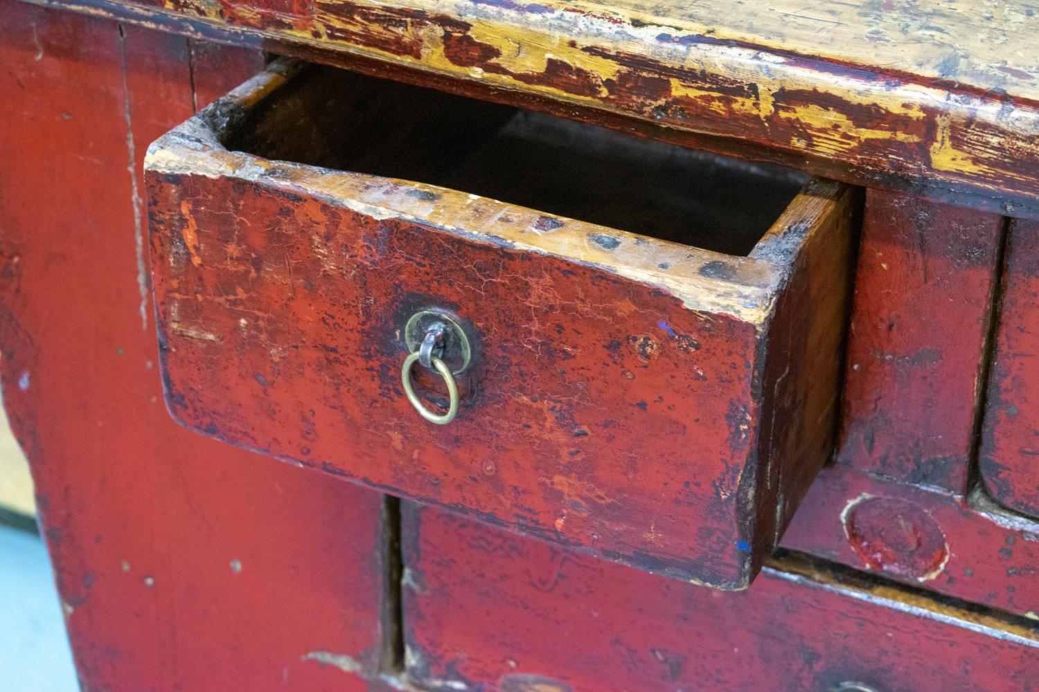 CHEST, 85cm H x 104cm W x 45cm D, 19th century Chinese red lacquered firwood with three drawers. - Image 3 of 5