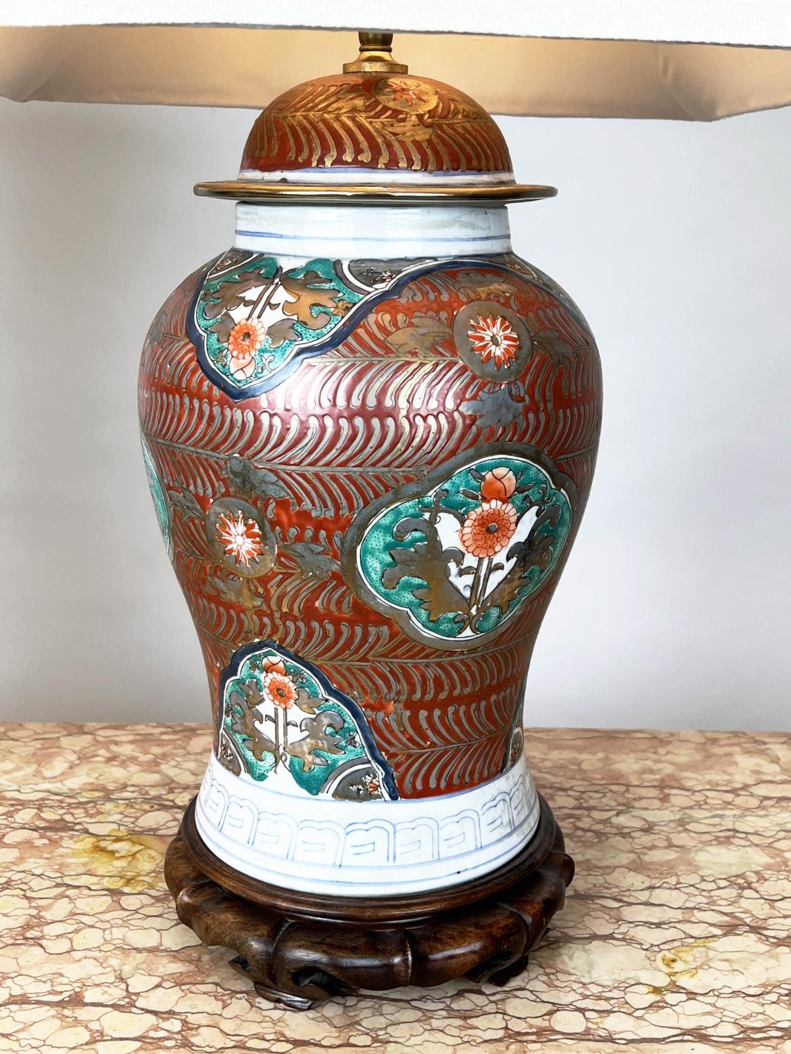 TABLE LAMPS, two, Chinese ceramic, one of temple jar form the other imari pattern, with carved - Image 5 of 11