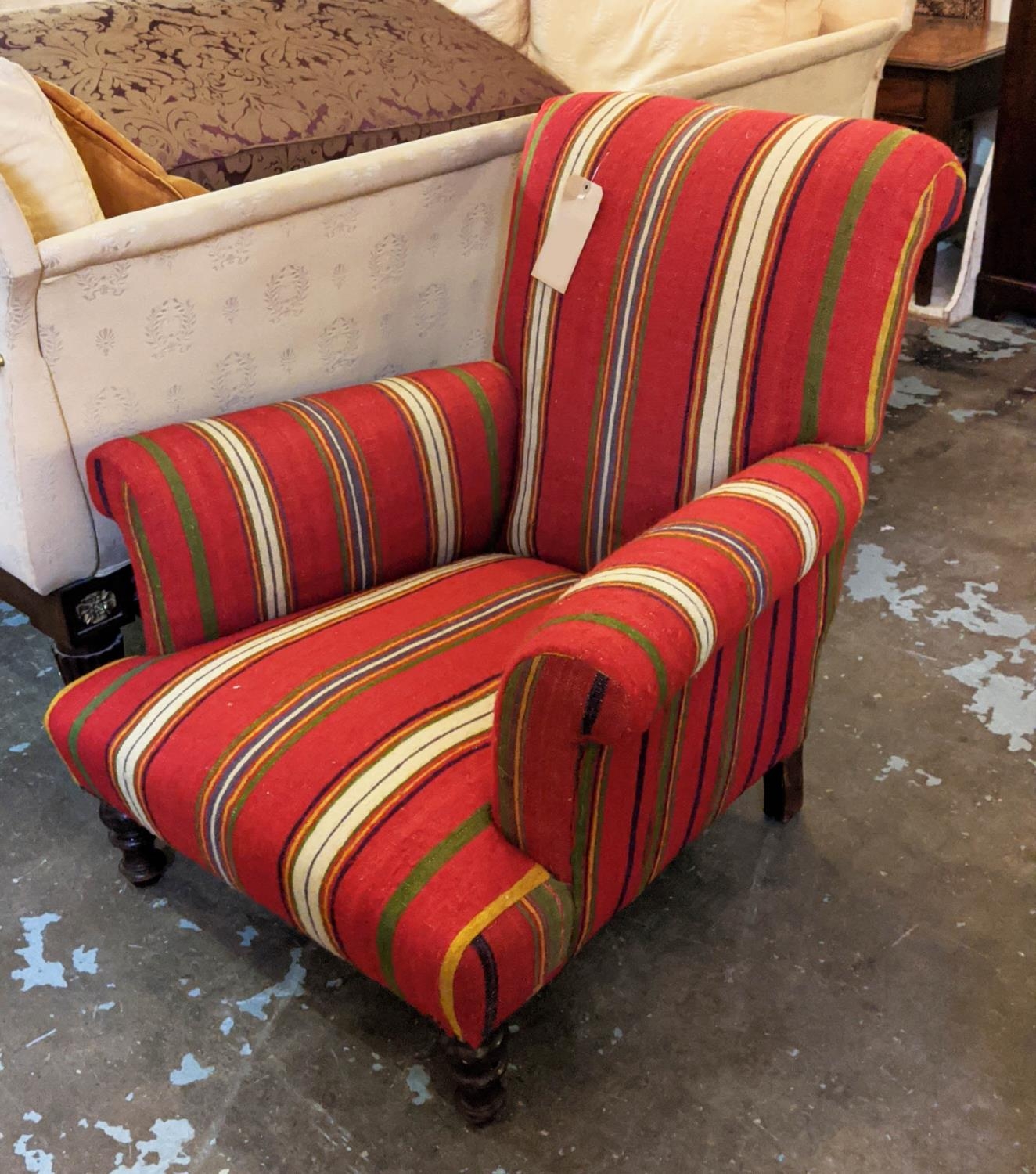 ARMCHAIR, 82cm H x 82cm W, Victorian in red striped kilim.