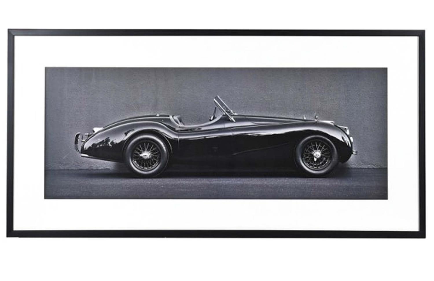 CONTEMPORARY SCHOOL PHOTO PRINT, vintage jaguar, framed and glazed 61cm x 123cm.