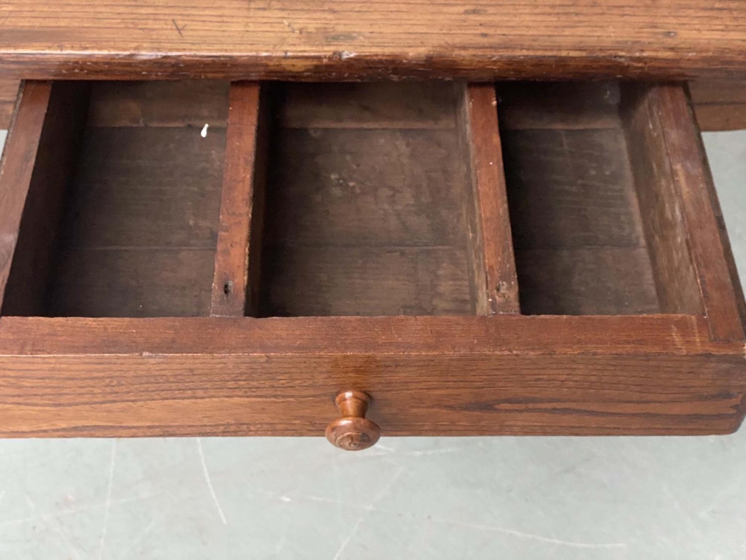 FARMHOUSE TABLE, 19th century French oak planked and cleated with square supports and frieze drawer, - Image 5 of 9