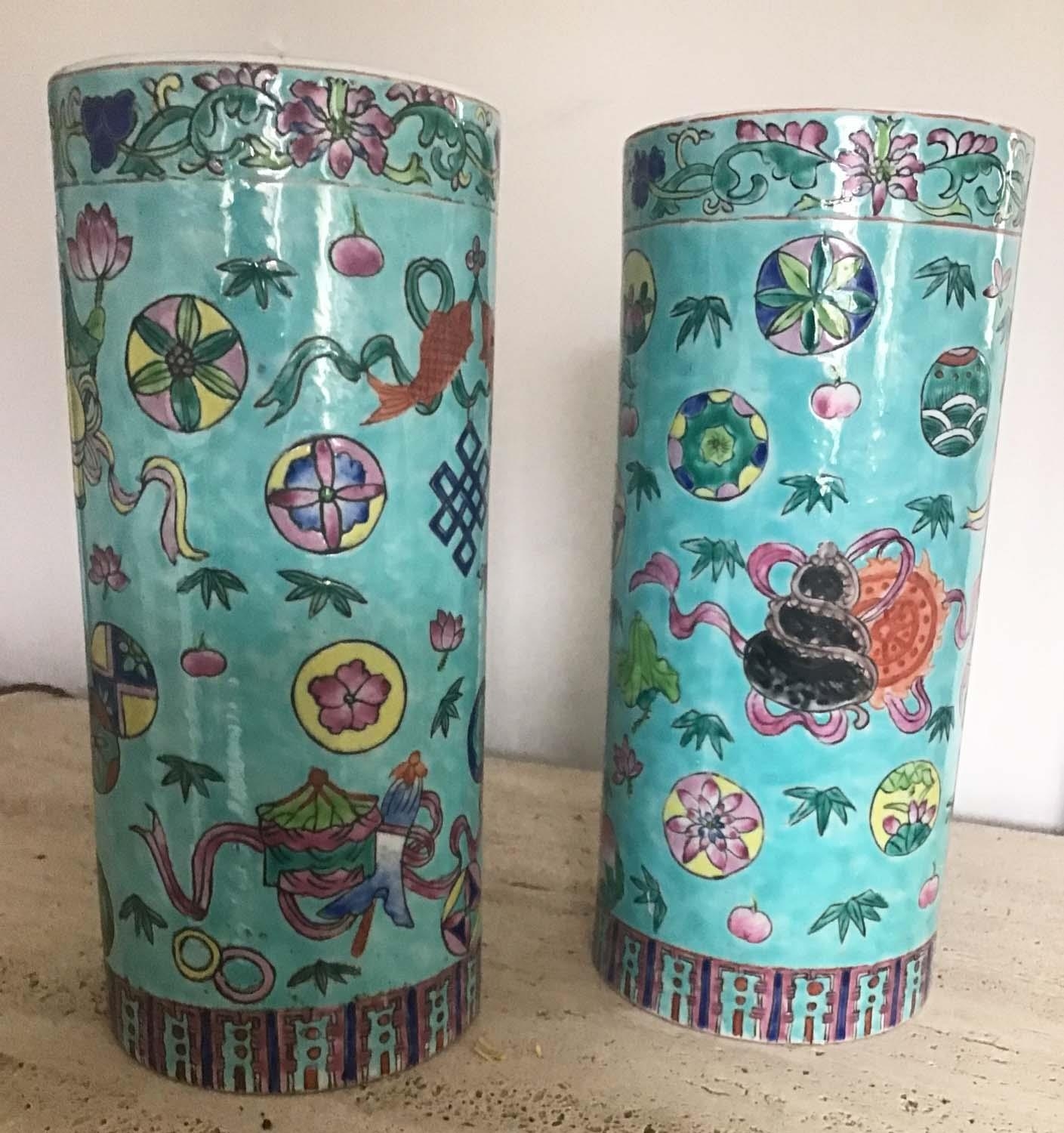 BRUSH POTS, a pair, Chinese blue ground ceramic, cylindrical with chinoiserie decoration, 30cm H. ( - Image 4 of 6