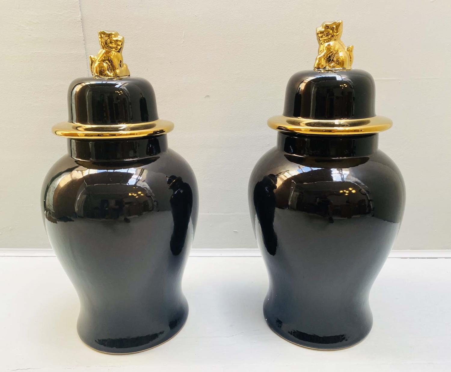 TEMPLE JARS WITH LIDS, pair, 67cm H x 32cm D, with Dogs of Foe finial handles, glazed ceramic. (2)