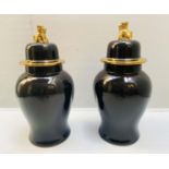 TEMPLE JARS WITH LIDS, pair, 67cm H x 32cm D, with Dogs of Foe finial handles, glazed ceramic. (2)