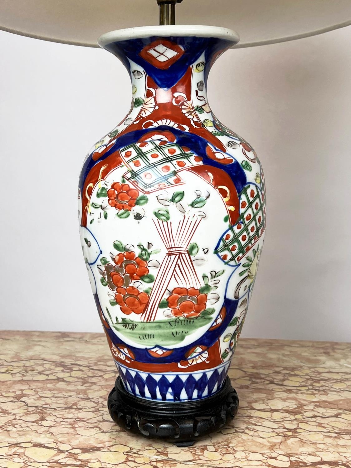 TABLE LAMPS, two, Chinese ceramic, one of temple jar form the other imari pattern, with carved - Image 11 of 11