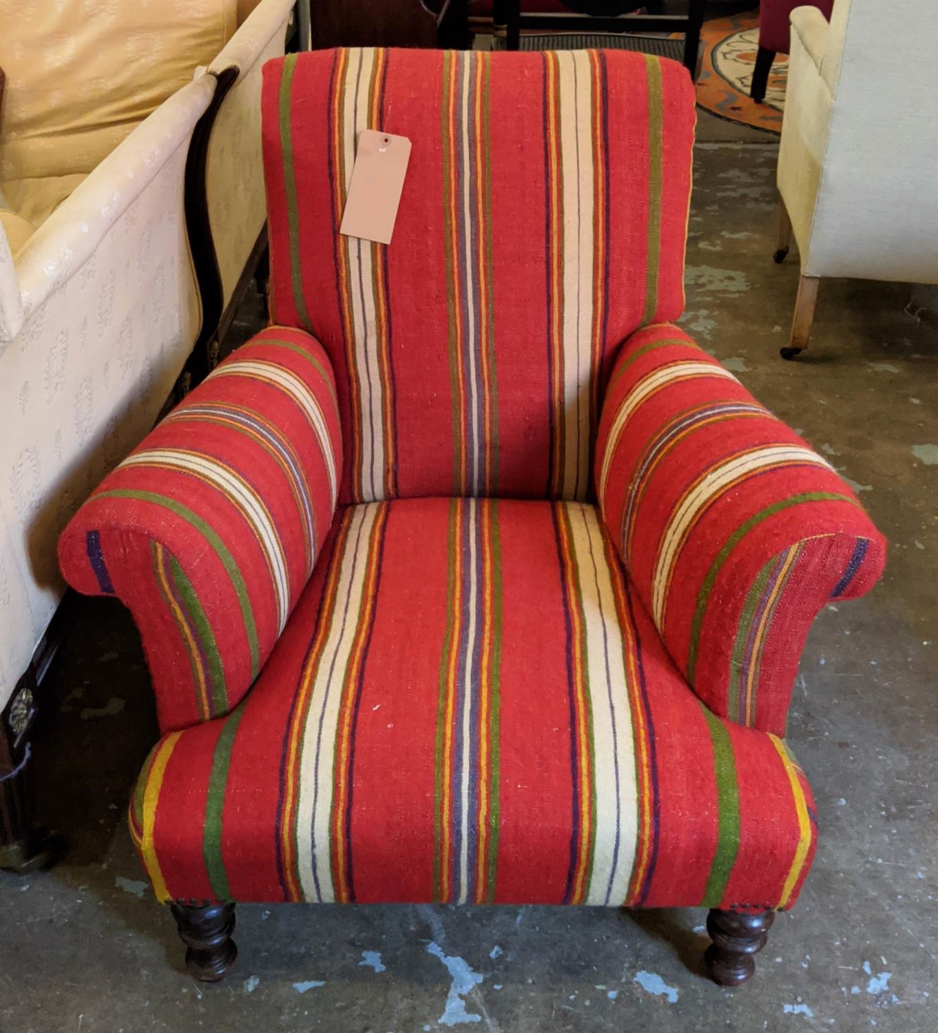 ARMCHAIR, 82cm H x 82cm W, Victorian in red striped kilim. - Image 2 of 5