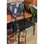 CANED CHAIR, 60cm W x 100cm H, George III style reproduction black and gilt with painted