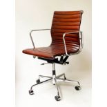 REVOLVING DESK CHAIR, Charles and Ray Eames inspired with ribbed mid brown tan leather seat