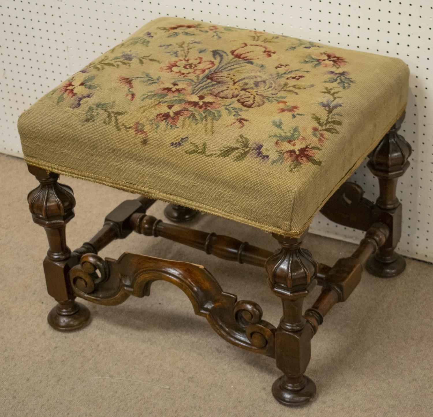 STOOL, 45cm H x 53cm x 47cm, late 19th century William & Mary style walnut with needlework