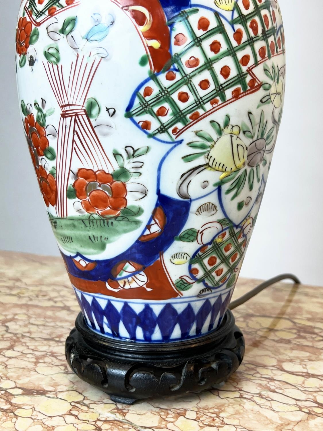 TABLE LAMPS, two, Chinese ceramic, one of temple jar form the other imari pattern, with carved - Image 6 of 11