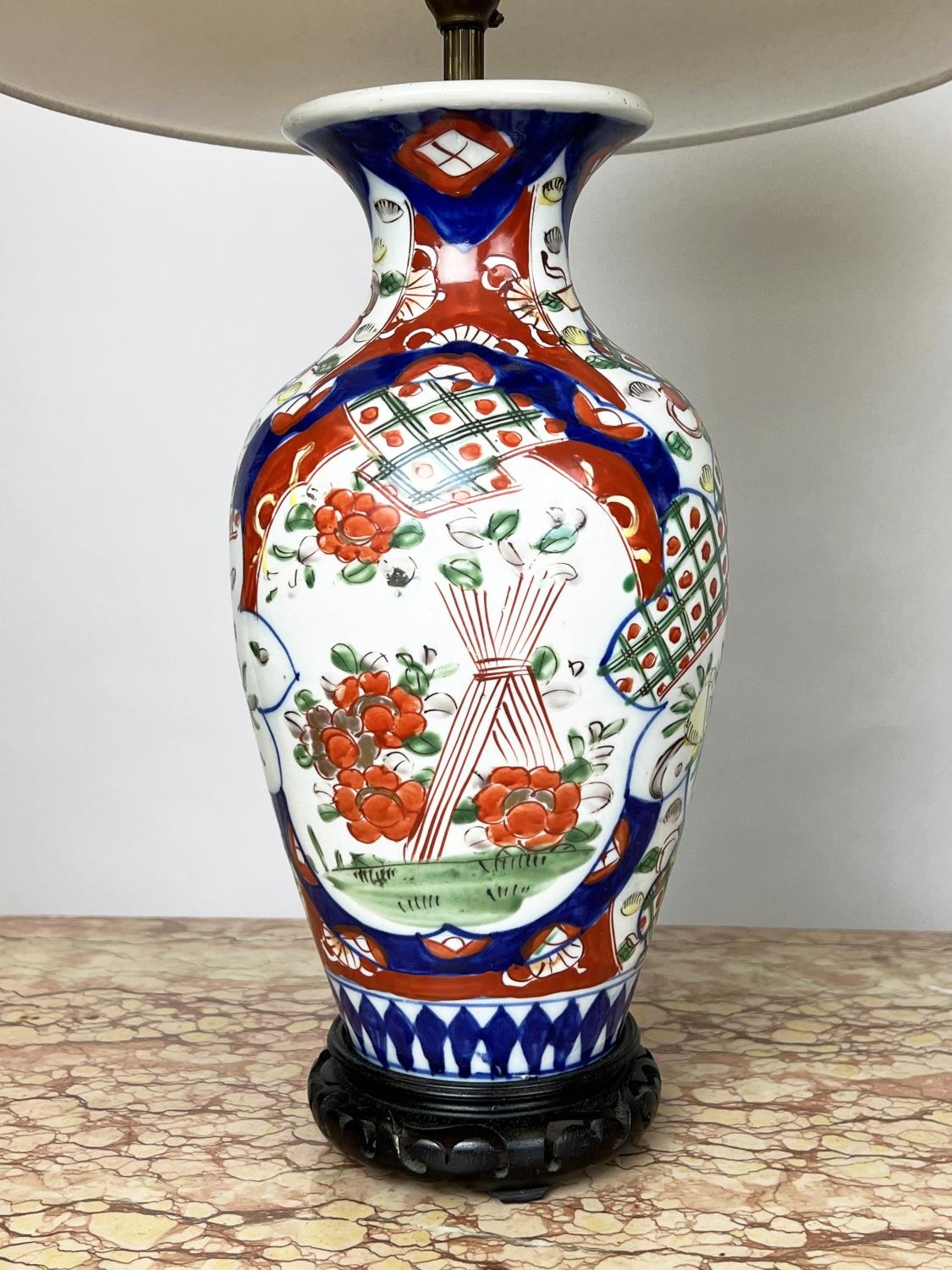 TABLE LAMPS, two, Chinese ceramic, one of temple jar form the other imari pattern, with carved - Image 9 of 11