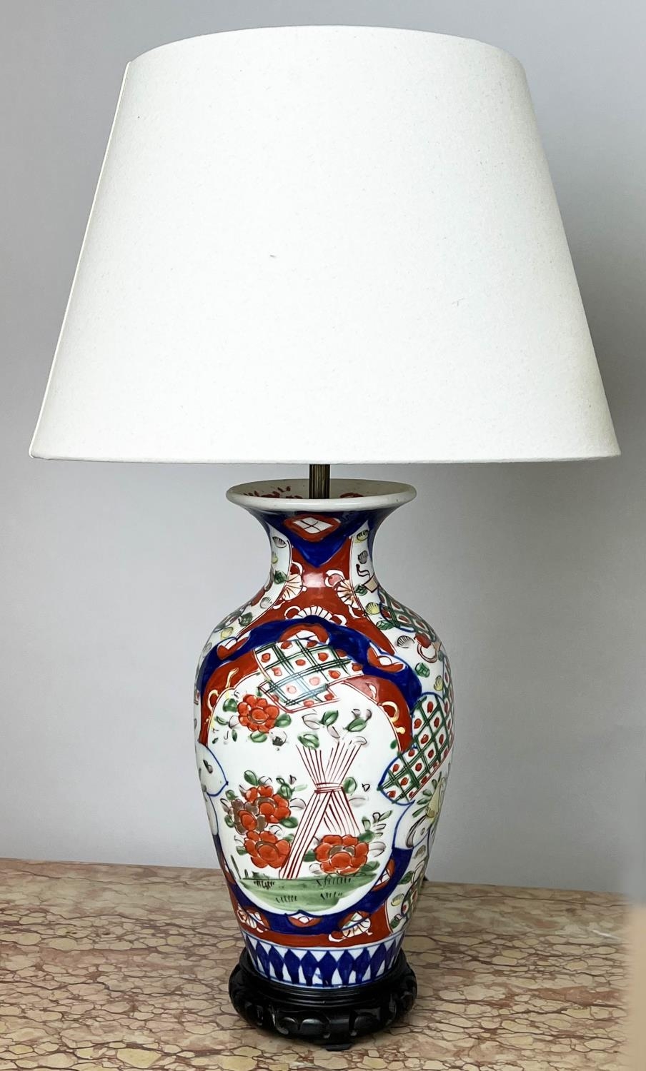 TABLE LAMPS, two, Chinese ceramic, one of temple jar form the other imari pattern, with carved - Image 8 of 11