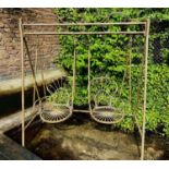 ARCHITECTURAL GARDEN SWING, 180cm H x 90cm W x 228cm D, faux verdigris metal frame.