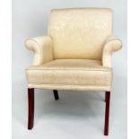 ARMCHAIR, mid 20th century mahogany with ivory silk brocade upholstery and tapering supports, 72cm
