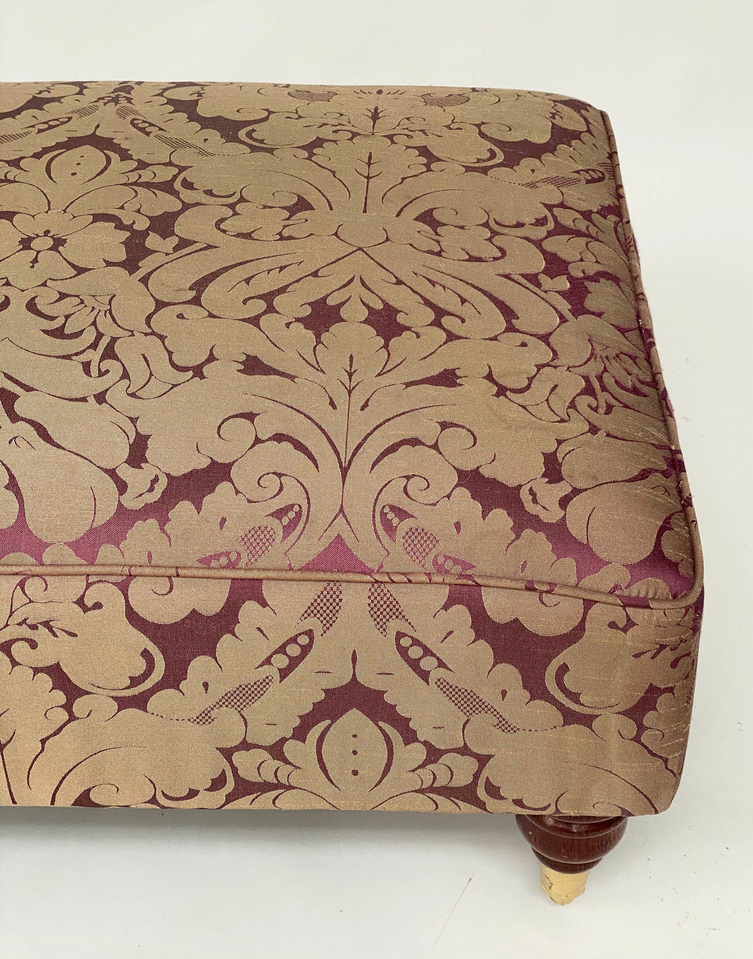 HEARTH STOOL, rectangular with brown/violet brocade pattern and turned supports, 62cm x 110cm x 35cm - Image 4 of 4
