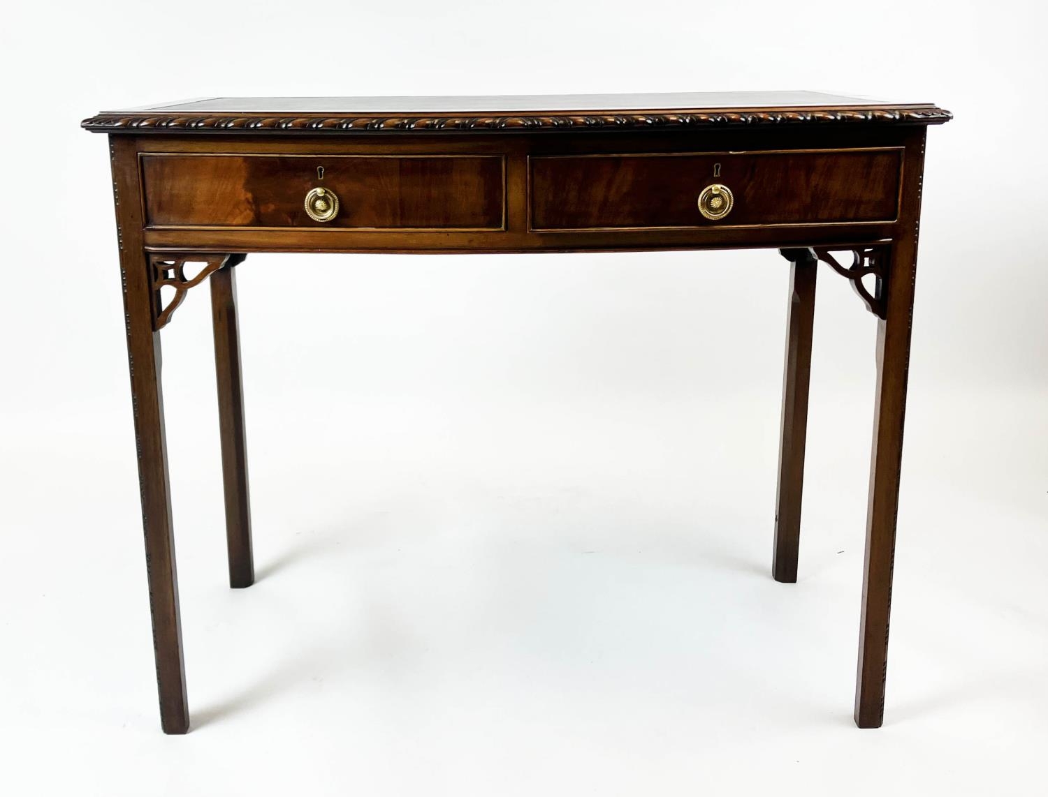 BOWFRONT SIDE TABLE, early 20th century George II style, mahogany with two drawers with leather - Image 4 of 6