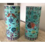 BRUSH POTS, a pair, Chinese blue ground ceramic, cylindrical with chinoiserie decoration, 30cm H. (