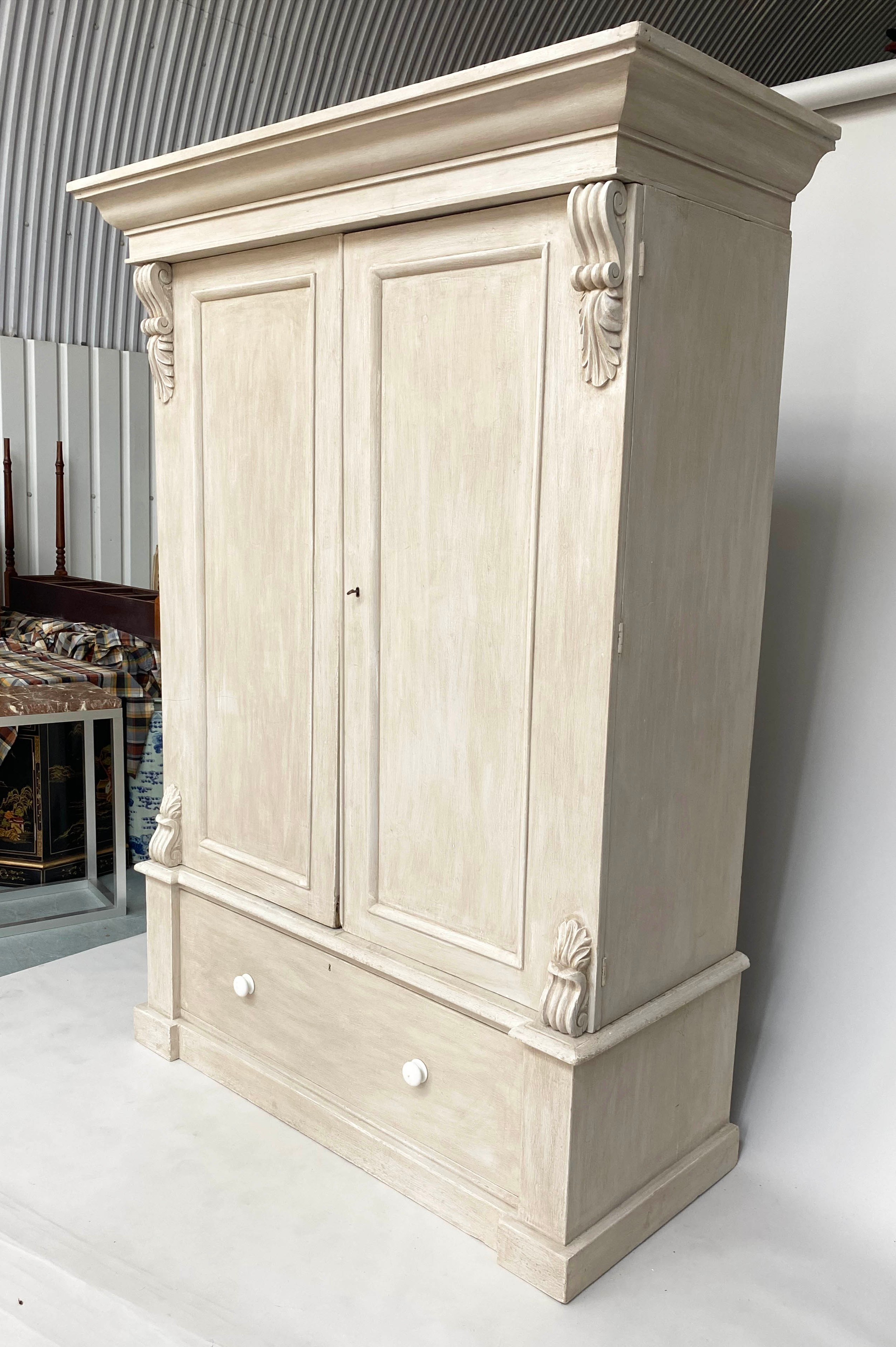 WARDROBE, 19th century, traditionally grey painted, with two doors enclosing hanging space above a - Image 11 of 11