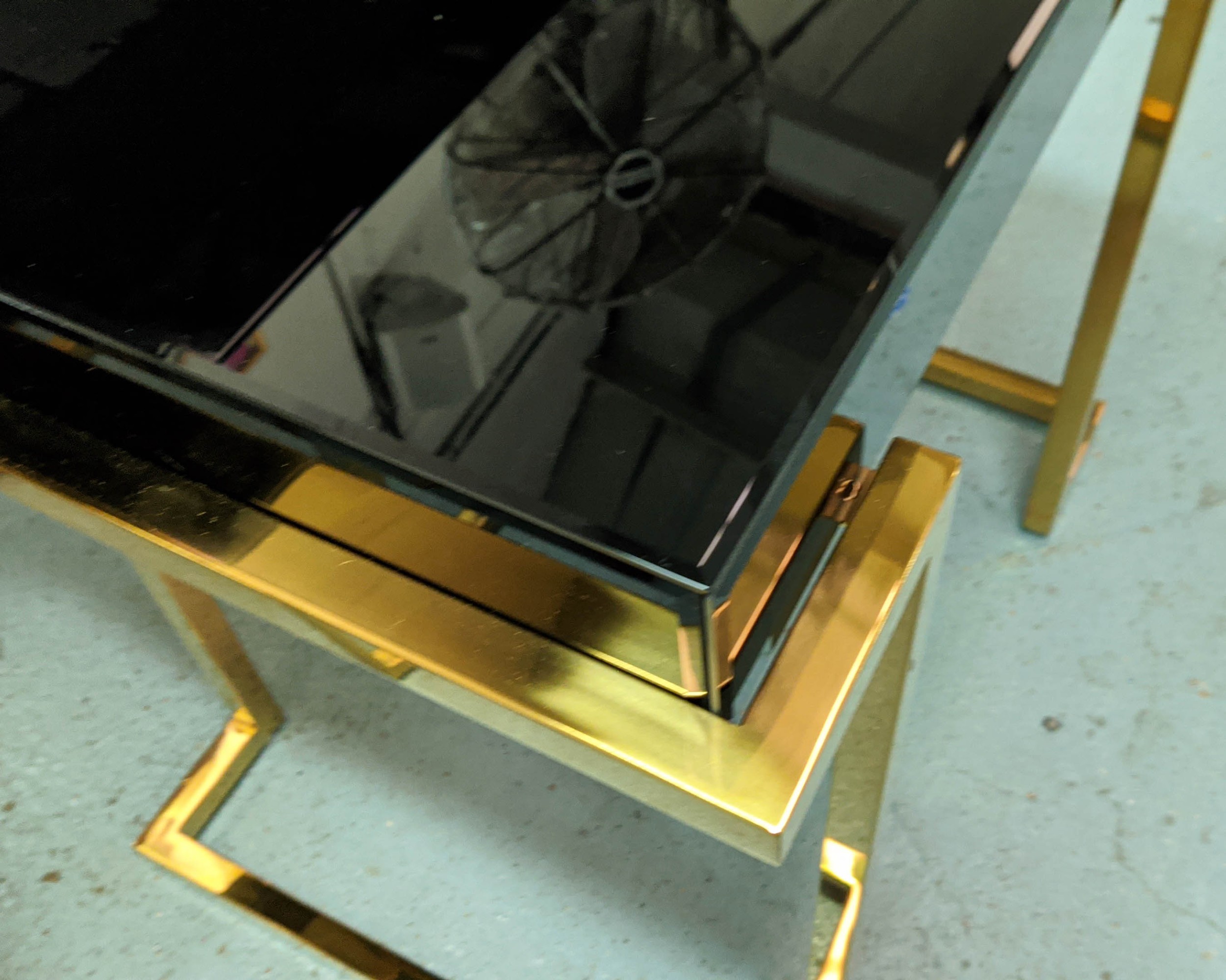 CONSOLE AND SIDE TABLE, Art Dec style, gilt metal and smoked glass, 116cm x 39cm x 80cm. (2) - Image 5 of 5