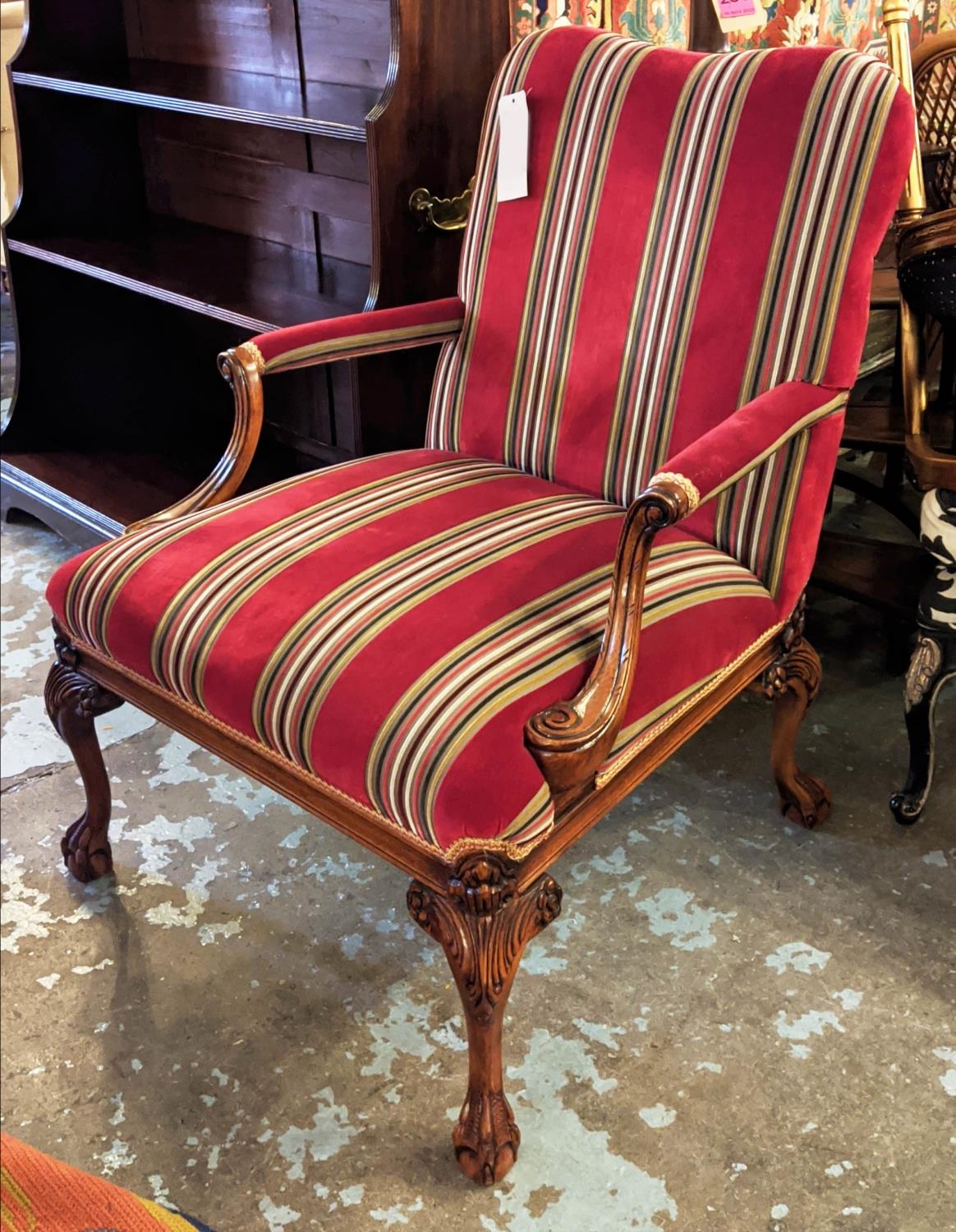 ARMCHAIR, 76cm W x 98cm H, Georgian style with striped velvet fabric and carved showframe.
