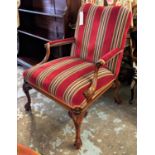 ARMCHAIR, 76cm W x 98cm H, Georgian style with striped velvet fabric and carved showframe.