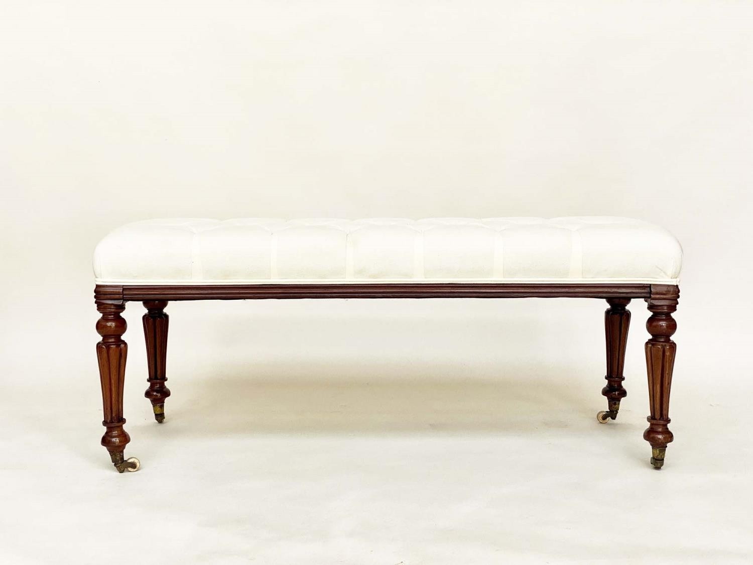 WINDOW SEAT, 19th century mahogany adapted with rectangular calico buttoned upholstery and reeded