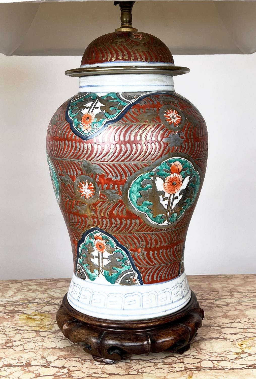 TABLE LAMPS, two, Chinese ceramic, one of temple jar form the other imari pattern, with carved - Image 2 of 11