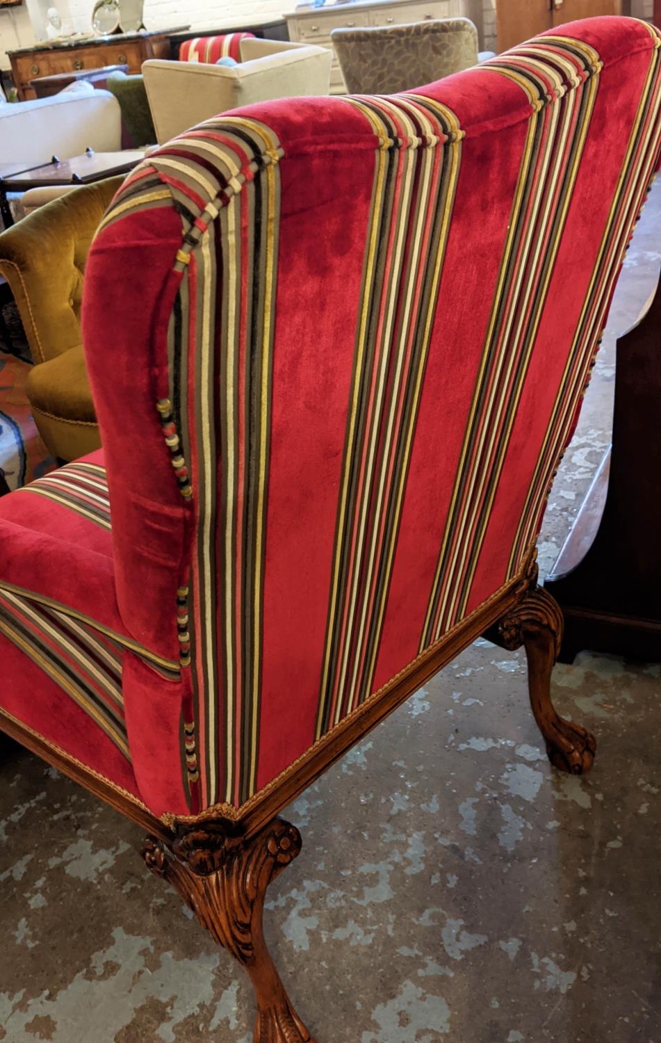 ARMCHAIR, 76cm W x 98cm H, Georgian style with striped velvet fabric and carved showframe. - Image 6 of 6