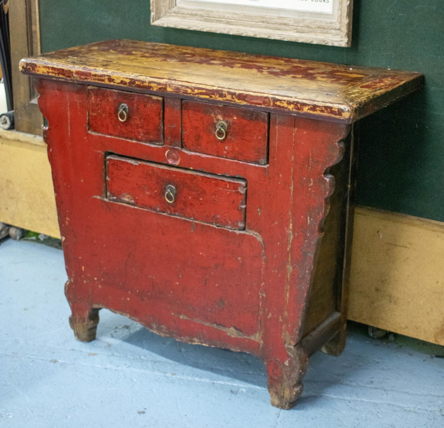 CHEST, 85cm H x 104cm W x 45cm D, 19th century Chinese red lacquered firwood with three drawers. - Image 2 of 5