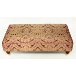HEARTH STOOL, rectangular with brown/violet brocade pattern and turned supports, 62cm x 110cm x 35cm
