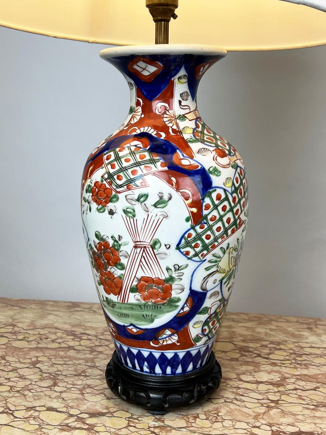 TABLE LAMPS, two, Chinese ceramic, one of temple jar form the other imari pattern, with carved - Image 7 of 11