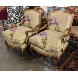 FAUTEUILS, a pair each 97cm W x 97cm H, reproduction in Louis XV style with gilt frames and silk
