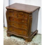 SMALL SERPENTINE CHEST, 61cm H x 56cm W x 41cm D, Chippendale style mahogany with brushing slide