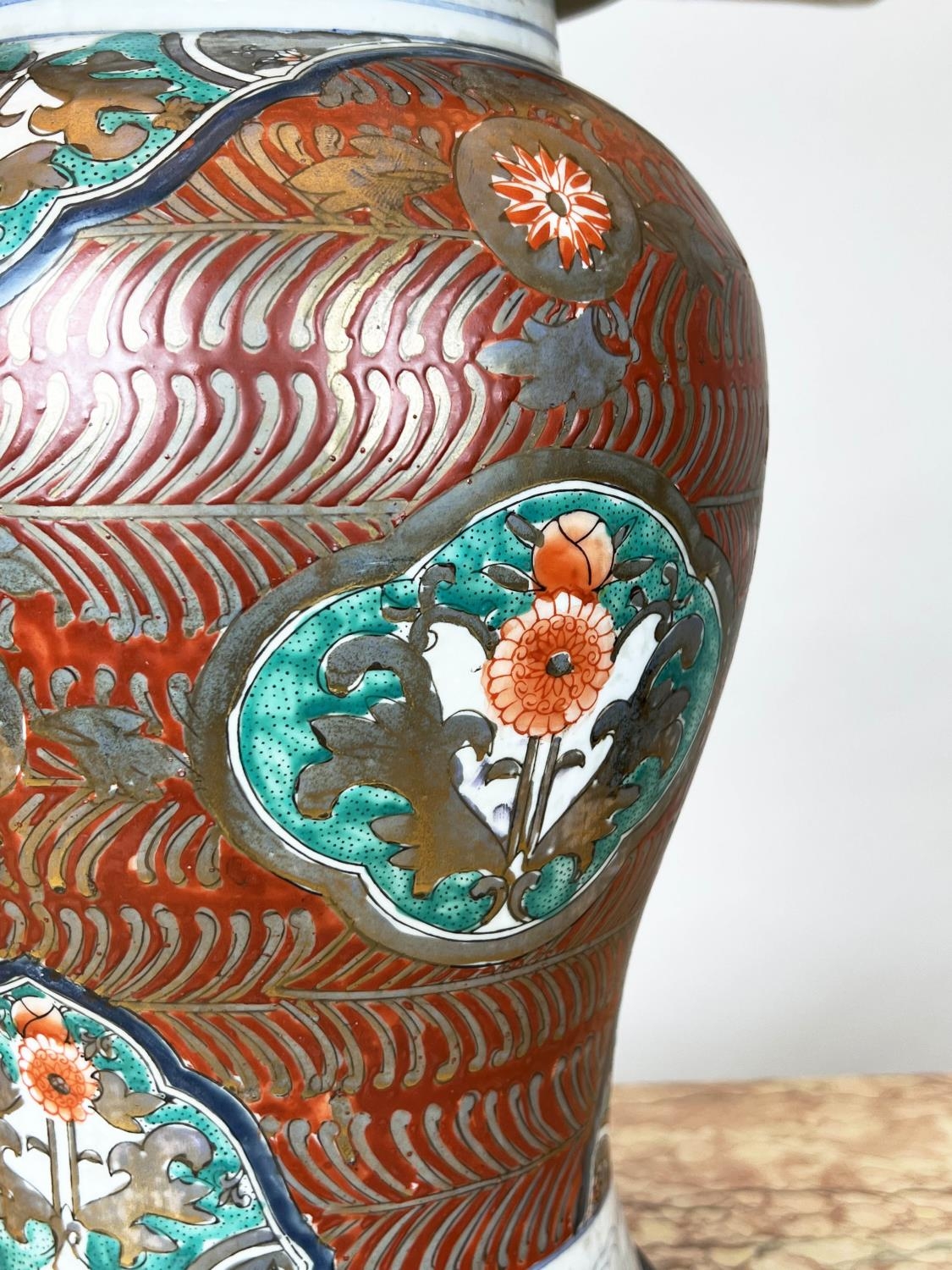 TABLE LAMPS, two, Chinese ceramic, one of temple jar form the other imari pattern, with carved - Image 3 of 11
